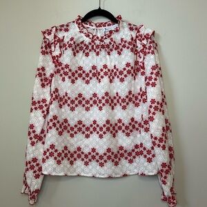 *NWT* English Factory Ruffle Floral Eyelet Blouse Top White Red